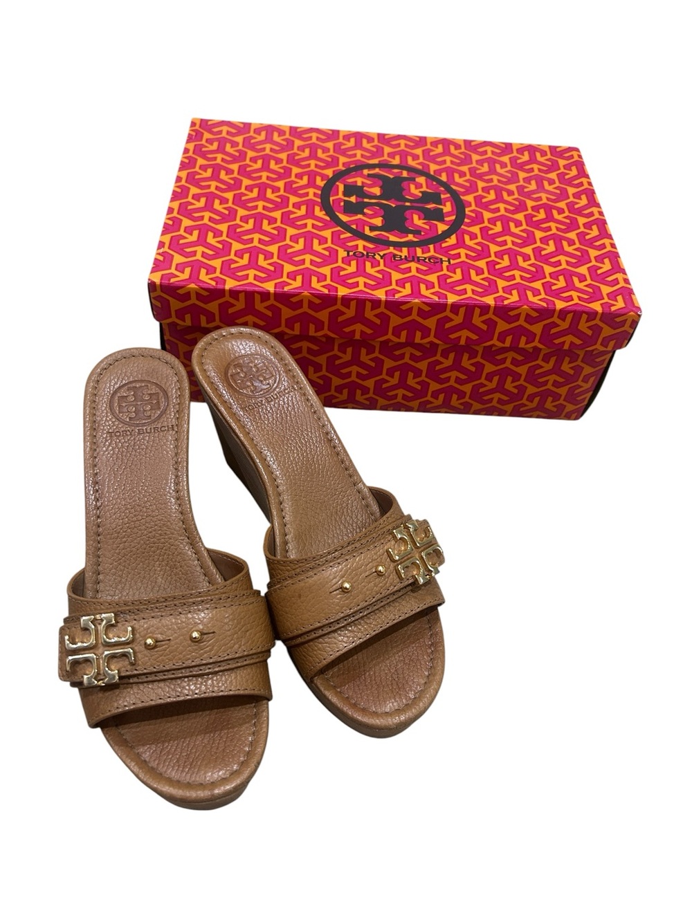 Tory Burch Elina Royal tan tumbled leather wedge Slide Mules with Gold Logo 8